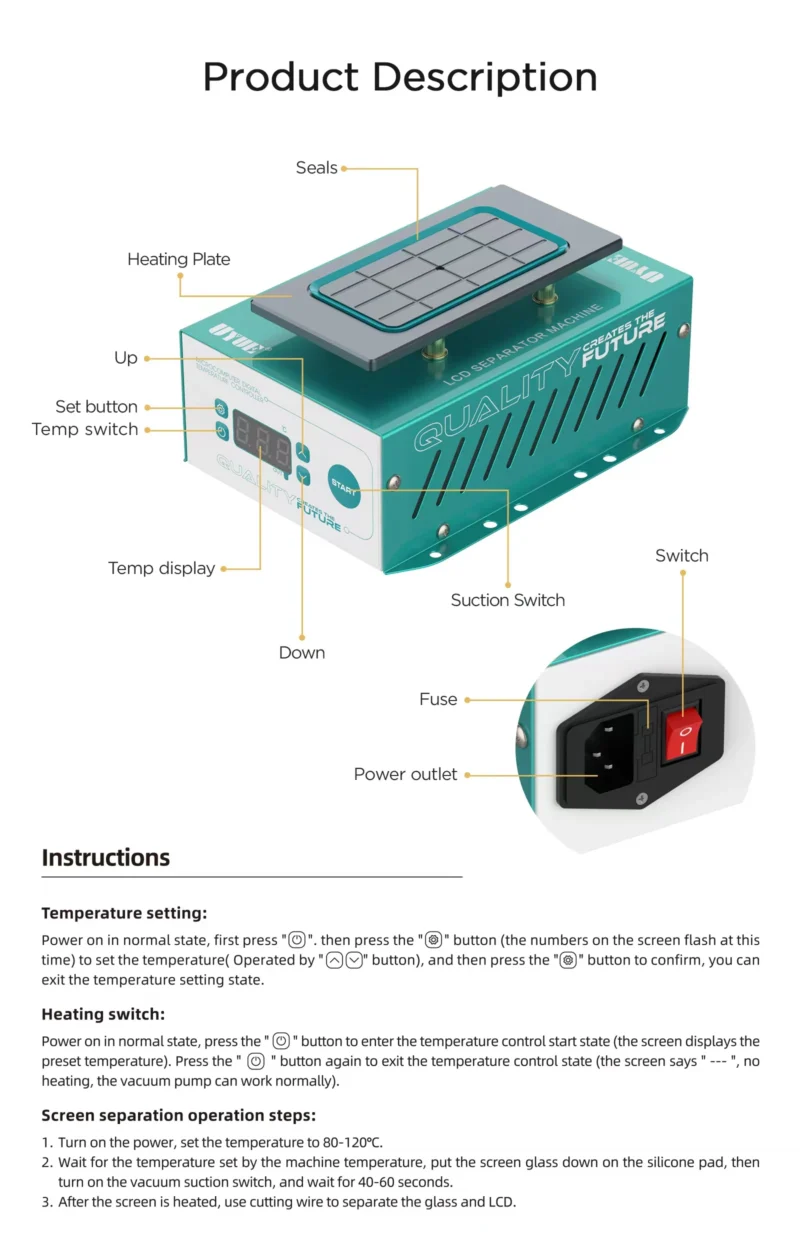 UYUE-958S (3) UYUE 958S เครื่องแยกหน้าจอ LCD แบบทำความร้อนอัตโนมัติ ขนาด 7 นิ้ว